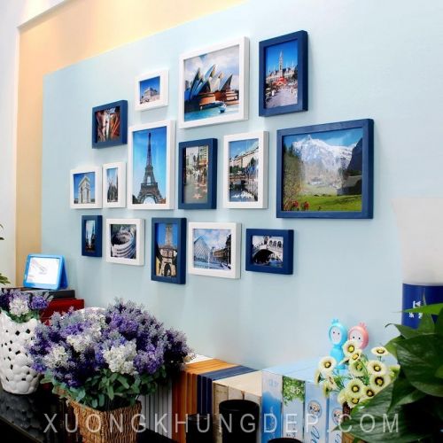 Khung ảnh treo tường trắng xanh kết hợp
