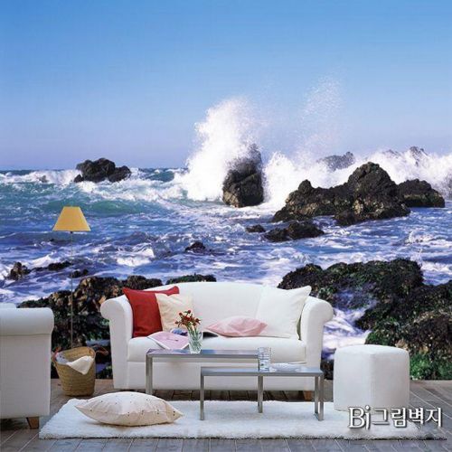 Tranh In Dán Tường Sóng Biển Xô Bờ Đá