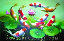 Tranh In Sơn Dầu Cá Vàng Bơi Vòng Quanh Hoa Sen