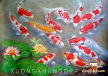 Tranh In Sơn Dầu Hồ Hoa Súng Có Bầy Cá Chép