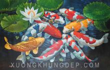 Tranh In Sơn Dầu Hồ Sen Trắng Và Bầy Cá Vàng