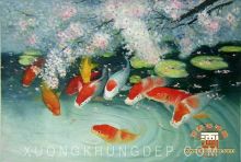 Tranh In Sơn Dầu Hoa Đào Rơi Trên Hồ Cá Chép