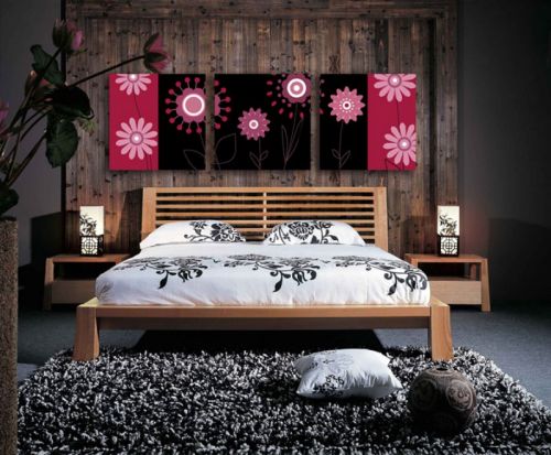 Tranh Hoa Cúc Nền Đỏ Đen Bộ 3 Bức
