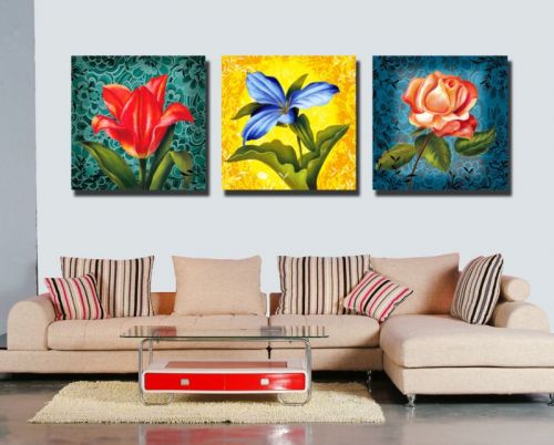 Tranh In Ba Bông Hoa Nền Xanh Vàng Bộ 3 Bức