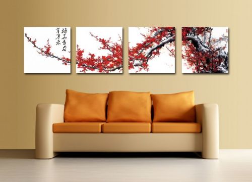 Tranh In Cành Hoa Đào Chữ Hán Bộ 4 Bức