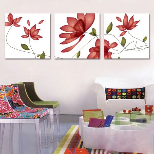 Tranh In Cành Hoa Đỏ Nền trắng Bộ 3 Bức