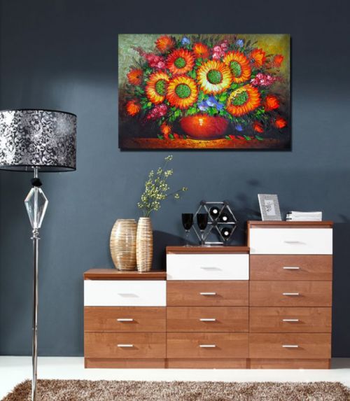 Tranh In Canvas Bình Hoa Mặt Trời Màu Cam