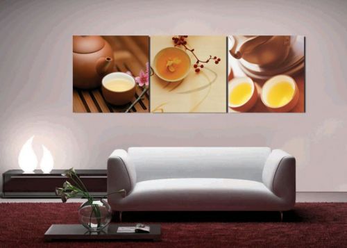 Tranh In Canvas Bộ Ấm Tách Trà Hoa Lan Bộ 3 Bức