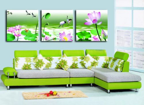 Tranh In Canvas Hoa Sen Đàn Hạc Bộ 3 Bức