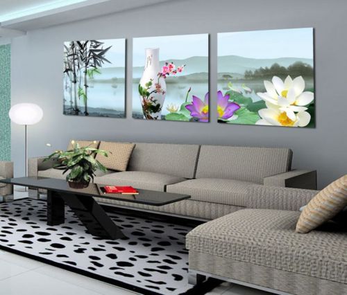 Tranh In Canvas Tre Bình Gốm Hoa Sen Bộ 3 Bức