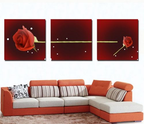 Tranh In Hai Cành Hoa Hồng Nền Đỏ Bộ 3 Bức