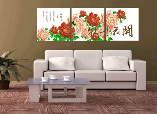 Tranh In Hoa Mẫu Đơn Chữ Hán Bộ 3 Bức