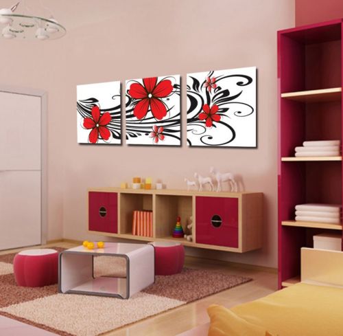 Tranh In Hoa Năm Cánh Màu Đỏ Bộ 3 Bức