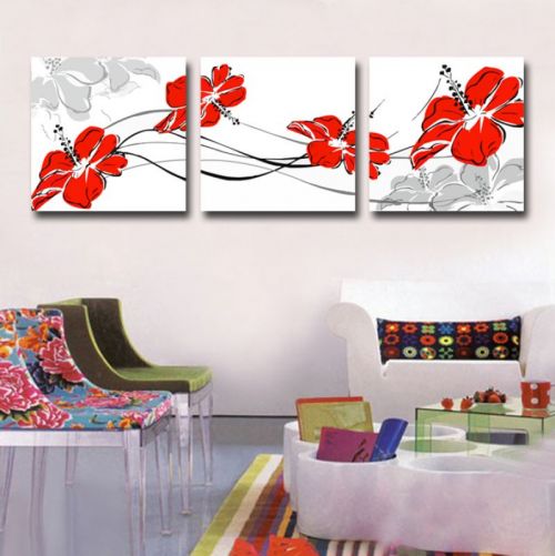 Tranh In Hoa râm Bụt Màu Cam Bộ 3 Bức