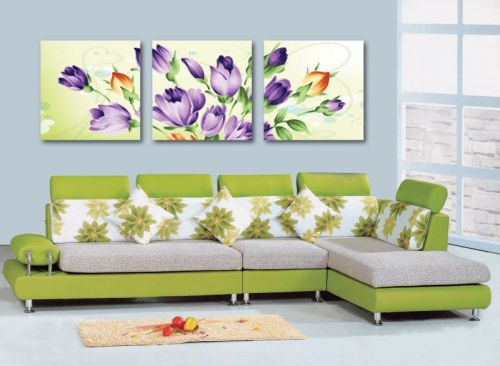 Tranh In Hoa Tím Cam Nền Xanh Bộ 3 Bức