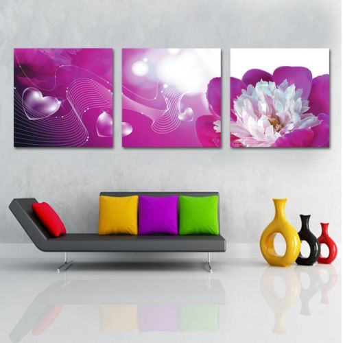 Tranh In Hoa Trái Tim Nền Tím Bộ 3 Bức