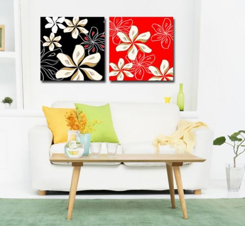 Tranh In Hoa Trắng Nền Đỏ Đen Bộ 2 Bức