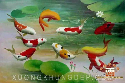 Tranh In Sơn Dầu Ao Sen Có Cá Chép Bơi Tung Tăng