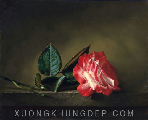 Tranh In Sơn Dầu Cành Hồng Đỏ Đọng Nước