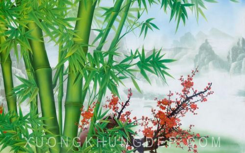 Tranh In Sơn Dầu Cây Trúc Và Cành Đào Đỏ