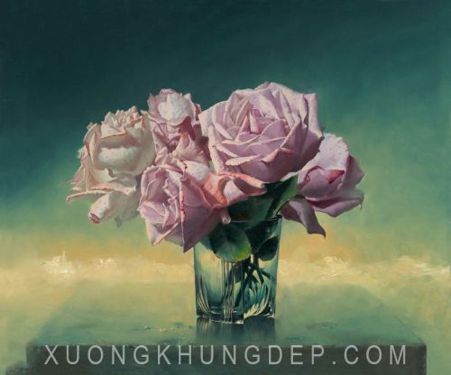 Tranh In Sơn Dầu Chiếc Ly Thủy Tinh Cắm Hoa Hồng