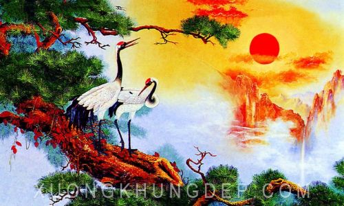 Tranh In Sơn Dầu Chim Hạc Đứng Trên Cây Tùng