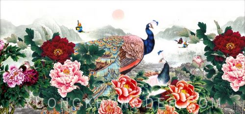 Tranh In Sơn Dầu Chú Chim Công Và Những Bông Hoa Mẫu Đơn