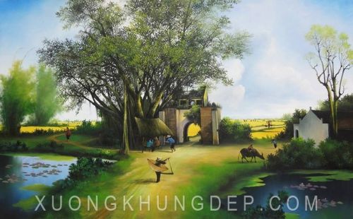 Tranh In Sơn Dầu Quê Hương Có Ao Sen