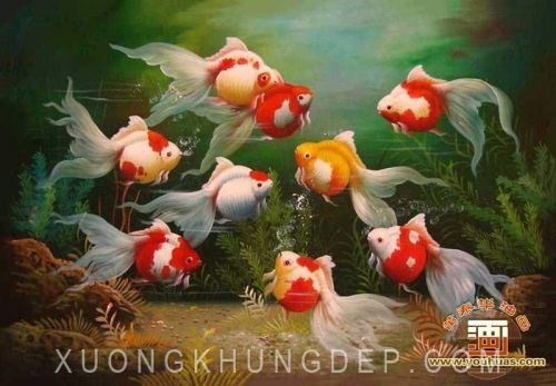 Tranh In Sơn Dầu Hồ Nước Có Cá Vàng Bơi Tuyệt Đẹp