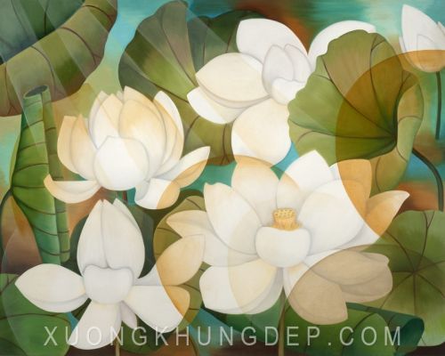 Tranh In Sơn Dầu Hoa Sen Trắng Lung Linh Trong Nắng