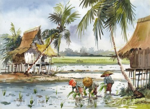Tranh In Sơn Dầu Người Nông Dân Cấy Lúa