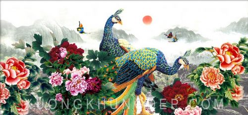 Tranh In Sơn Dầu Những Chú Bướm Và Hai Chú Công Xanh