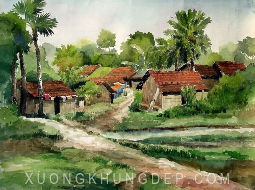 Tranh In Sơn Dầu Những Ngôi Nhà Ngói Đỏ
