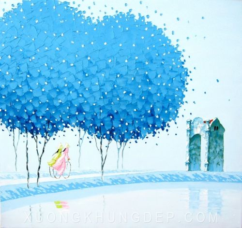 Tranh In Sơn Dầu Phố Hoa Cây Lá Xanh Dương 