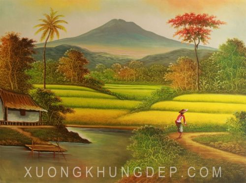 Tranh In Sơn Dấu Phong Cảnh Đồi Núi Ruộng Lúa