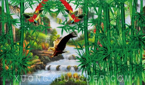 Tranh In Sơn Dầu Rừng Trúc Và Những Chú Chim