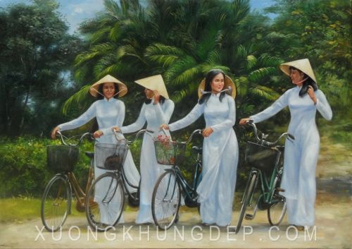 Tranh In Sơn Dầu Thiếu Nữ Áo Dài Trắng Đội Nón Lá