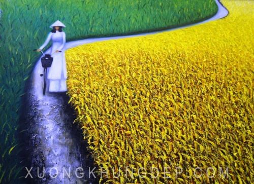 Tranh In Sơn Dầu Thiếu Nữ Áo Dài Và Lúa Vàng