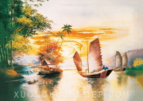 Tranh In Sơn Dầu Thuyền Buồm Và Hoàng Hôn 
