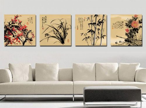 Tranh In Tứ Quý Đào Cỏ Trúc Cúc Bộ 4 Bức