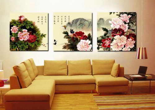 Tranh In Tứ Quý Hoa Mẫu Đơn Chũ Tàu Bộ 3 Bức